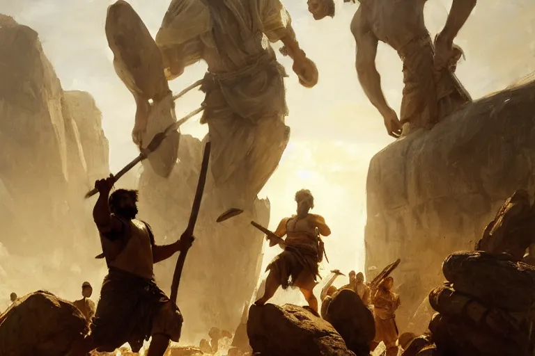 Image similar to ancient biblical israeli young man david slinging a stone at the philistine giant goliath of gath in battle by anders zorn, wonderful masterpiece by greg rutkowski, beautiful cinematic light, by greg manchess, jessica rossier