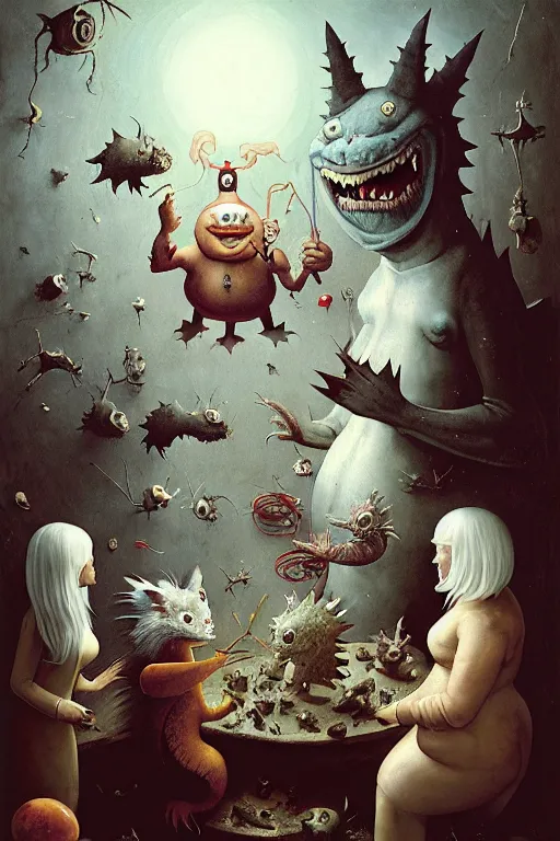 Image similar to hieronymus bosch, greg rutkowski, anna podedworna, painting of two white haired catgirls, a small fat blue godzilla, a pickle in a suit and tie, a cybernetic fox woman, a woman with one eye, a small hedgehog, a man with a shrimp for a head, pointing at a vampire clown with red hair in a vr headset