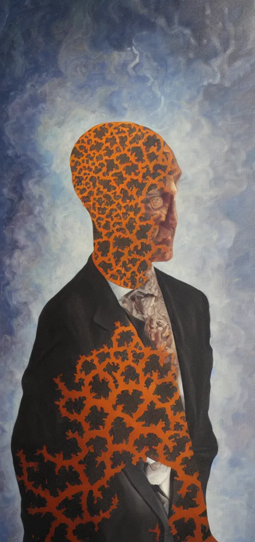 Image similar to oil painting of man in suit with mandelbrot fractal as head