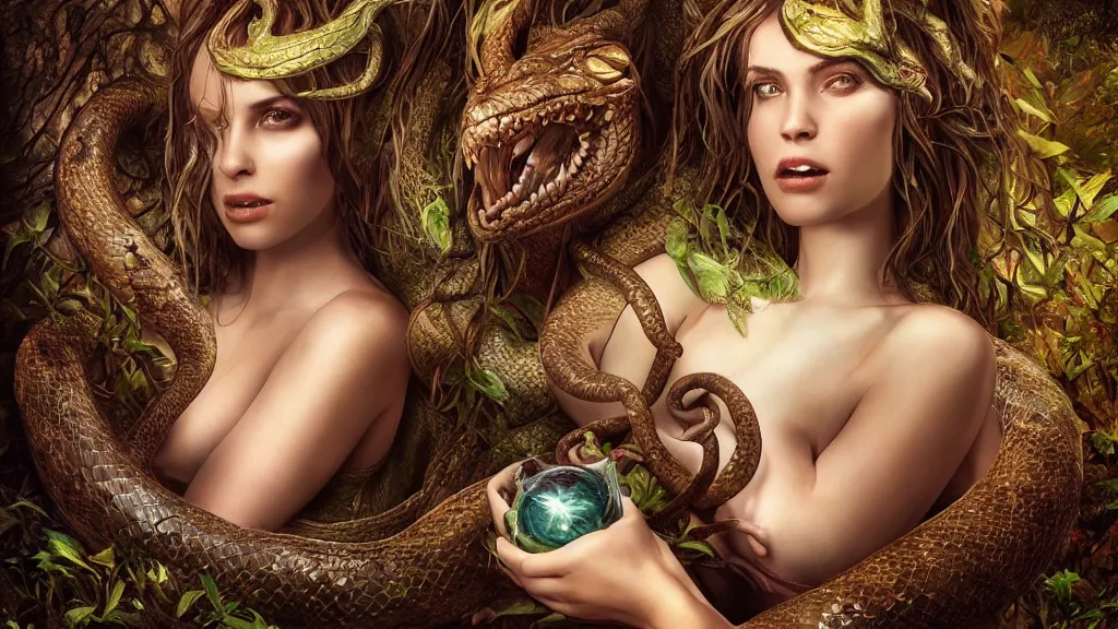 Image similar to portrait high definition photograph beautiful woman with a snake tongue holding a dragon fantasy character art, hyper realistic, pretty face, hyperrealism, iridescence water elemental, snake skin armor forest dryad, woody foliage, 8 k dop dof hdr fantasy character art, by aleski briclot and alexander'hollllow'fedosav and laura zalenga