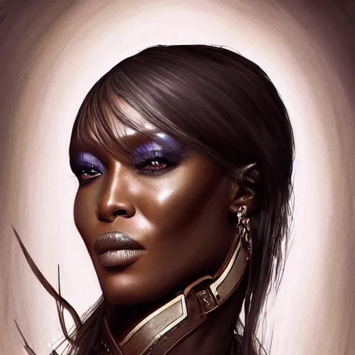 Prompt: beautiful, very strong, naomi campbell, middle aged, face, no makeup, no tattoos, warrior, battle hardened, head shot, fantasy, highly detailed, digital painting, artstation, concept art, sharp focus, illustration, art by jodie muir and brom