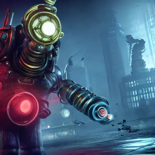 Image similar to isaac clarke as a bioshock big daddy, unreal engine 5, bioshock deadspace, high detail 3 d render,