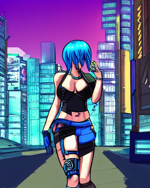 Image similar to cel shaded art of a pretty blue haired girl, jet grind radio graphics, cyberpunk city street background