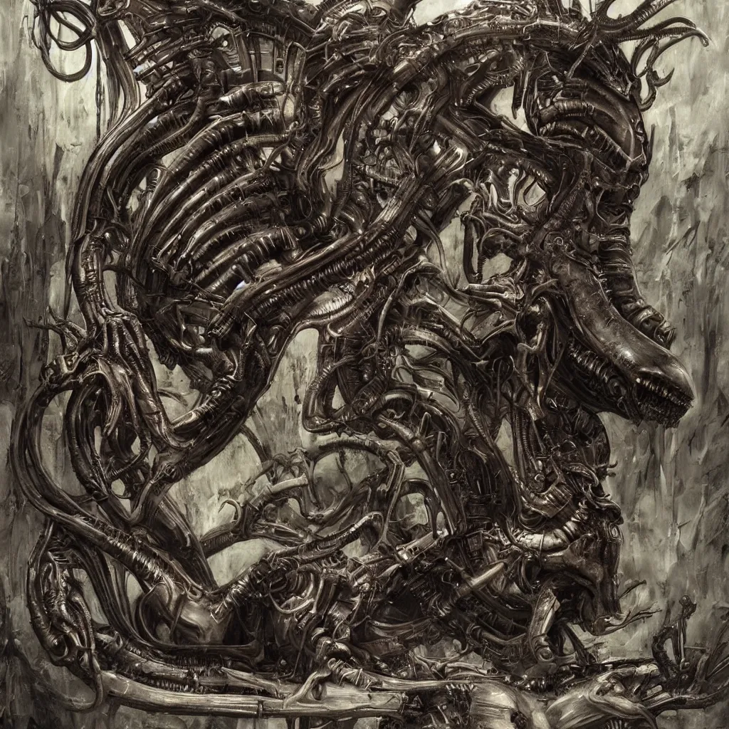 Prompt: a giger love dream, xenomorph inspire art, dark vibrant colors, photo pic by matte painting