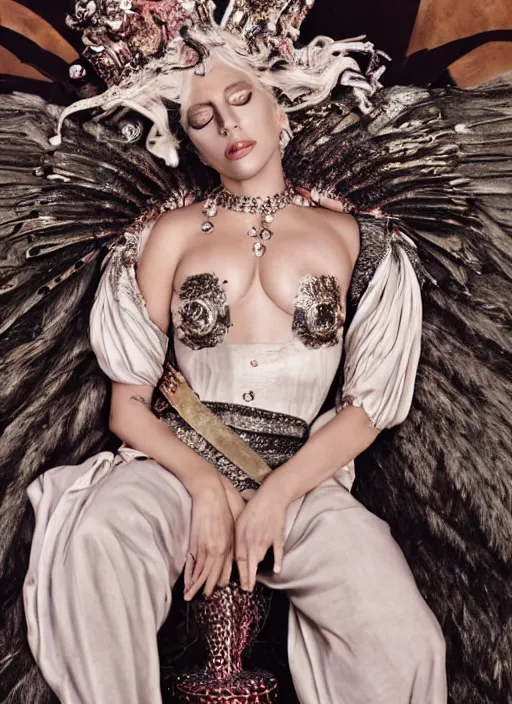 Image similar to lady gaga in an ancient themed photoshoot, nick knight, annie leibovitz, posing, style, vogue magazine, highly realistic. high resolution. highly detailed. dramatic. 8 k. 4 k.