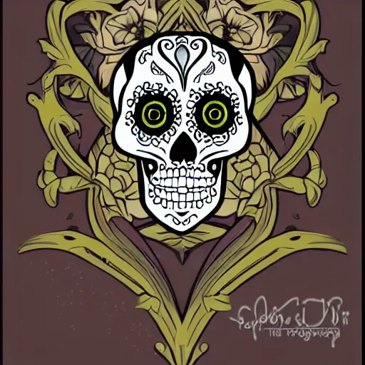 Image similar to a small vector tattoo design. art nouveau sugar skull.