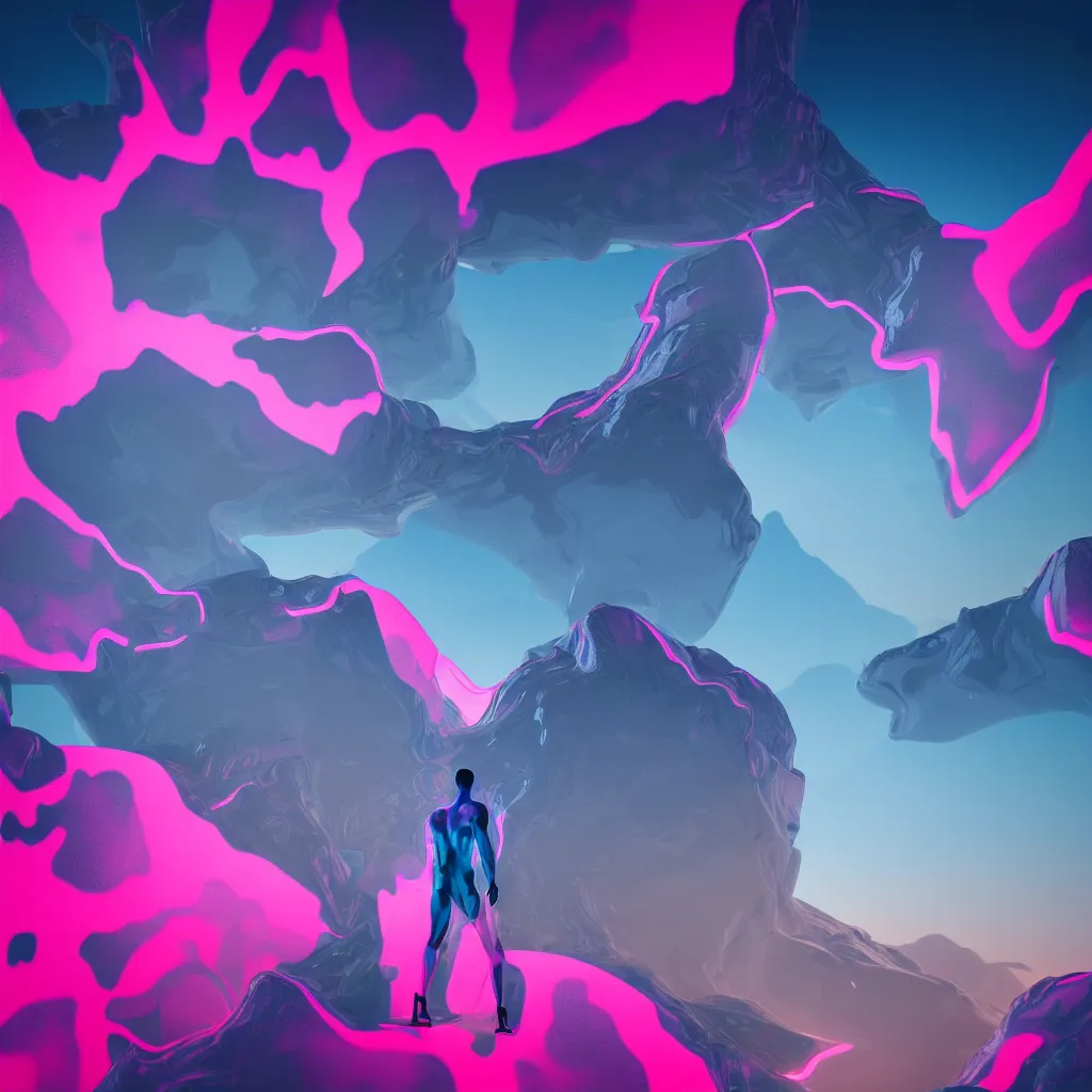 Image similar to manikin made of marble, fractal neon explosion revealing a portal to a vaporwave paracosm, mountains and city in background, rule of thirds, clean linework, dramatic, moody, introspective, cinematic, award winning, 4 k, trending on artstation, photorealistic, volumetric lighting, octane render