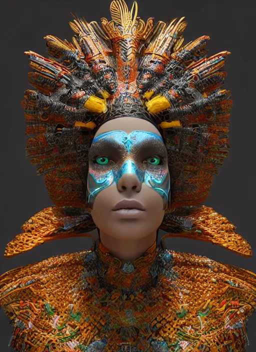 Image similar to 3 d goddess close - up profile portrait. beautiful intricate highly detailed mexican magpie helm and traditional mexican huipil! quetzalcoatl, stingray, bio luminescent, plasma, lava, ice, water, wind, stormy, creature, artwork by tooth wu and wlop and annie leibovitz, octane 3 d render