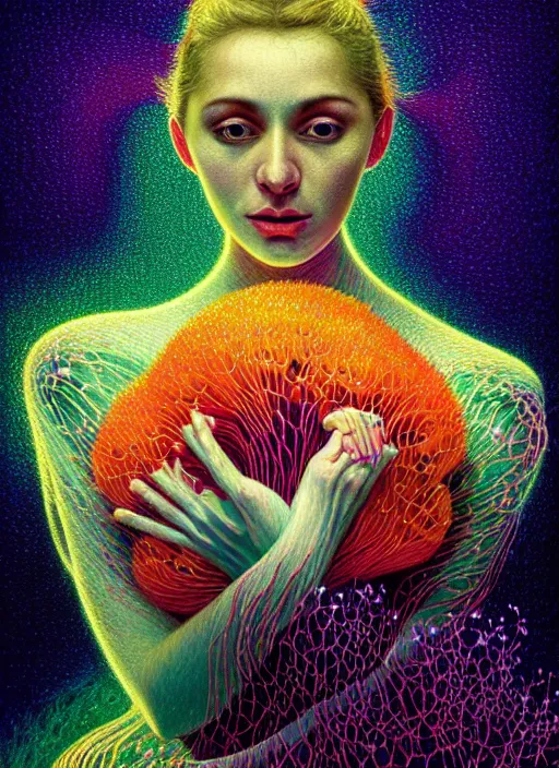 Image similar to hyper detailed 3d render like a Oil painting - Aurora (Singer) Eats of the Strangling aerochrome Fruit and Her delicate Hands hold of gossamer polyp blossoms bring iridescent fungal flowers whose spores black the foolish stars by Jacek Yerka, Mariusz Lewandowski, Houdini algorithmic generative render, Abstract brush strokes, Masterpiece, Edward Hopper and James Gilleard, Zdzislaw Beksinski, Mark Ryden, Wolfgang Lettl, hints of Yayoi Kasuma, octane render, 8k