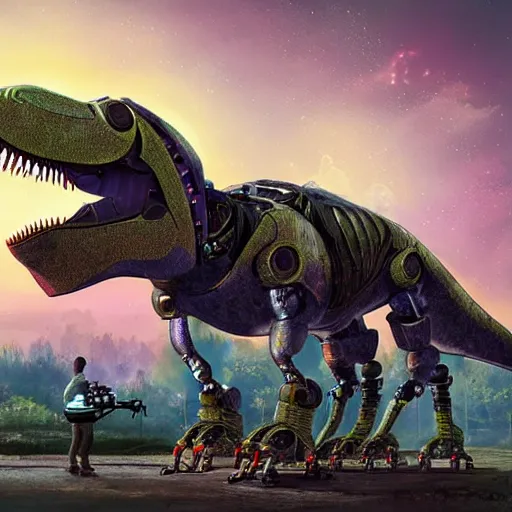 Image similar to a portrait photograph of a robot T-rex made of mechanical parts, cartoonish psychedelic paleoart rendering, realistic dinosaur cyborg in the style of simon stålenhag