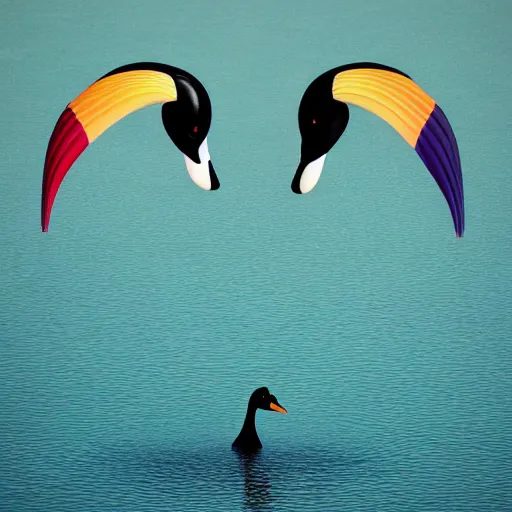 Prompt: photo of two black swans swimming in a beautiful reflective mountain lake, touching heads, forming a heart with their necks, a colorful hot air balloon is flying above the swans, hot air balloon, intricate, portrait, 8k highly professionally detailed, HDR, CGsociety, octane render, 4k