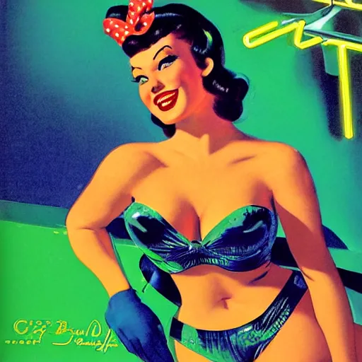 Image similar to portrait of pin up robot in a neon green bikini, art by gil elvgren, earl moran, joyce ballantyne, art frahm