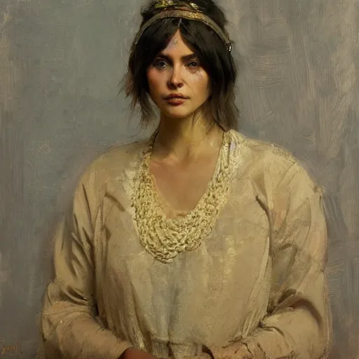 Image similar to Richard Schmid and Jeremy Lipking portrait painting of a young beautiful woman priestess in elaborate costume