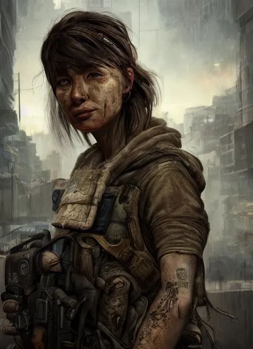 Image similar to portrait of a survivalist woman in a post apocalyptic city at dawn, beautiful digital concept art trending on artstation by senior concept artist, ultra - realistic intricate high details, cinematic lighting