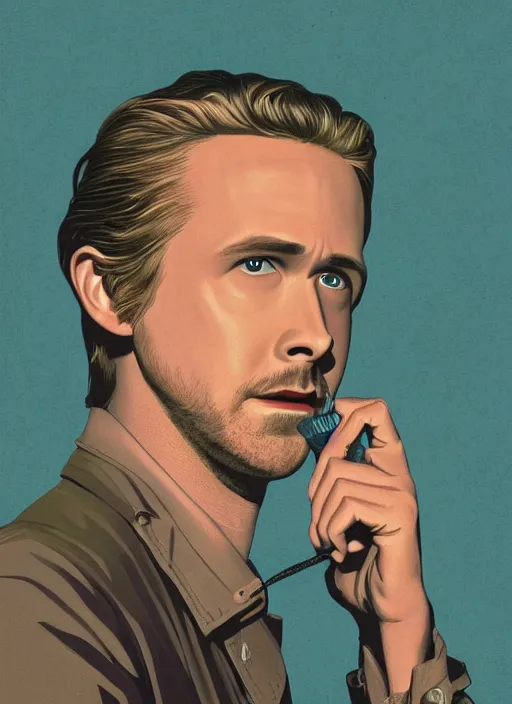 Image similar to Twin Peaks movie poster artwork by Michael Whelan and Tomer Hanuka, Rendering of portrait of Ryan Gosling as the Hardy Boy, from a scene from Twin Peaks, clean, full of detail, Matte painting, trending on artstation and unreal engine