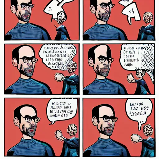 Image similar to comic book art of Steve Jobs thinking, apple, highly detailed, pop art