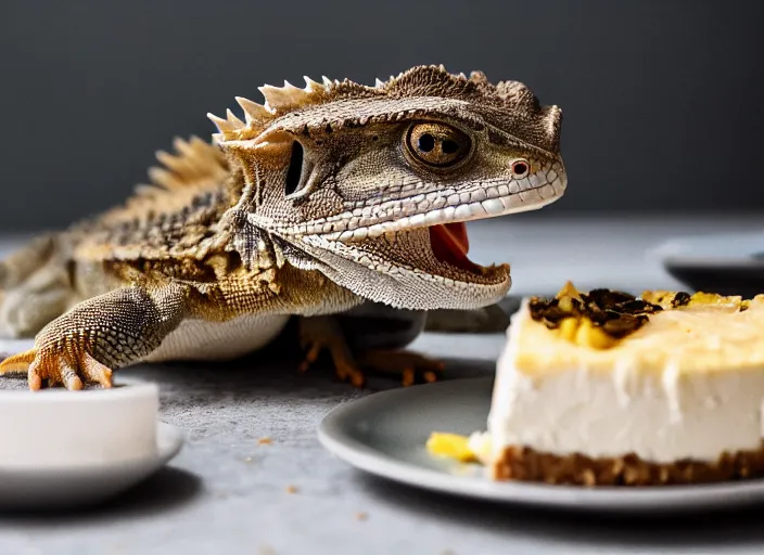 Prompt: dslr portrait still of a bearded dragon eating a slice of cheesecake, 8 k 8 5 mm f 1. 4