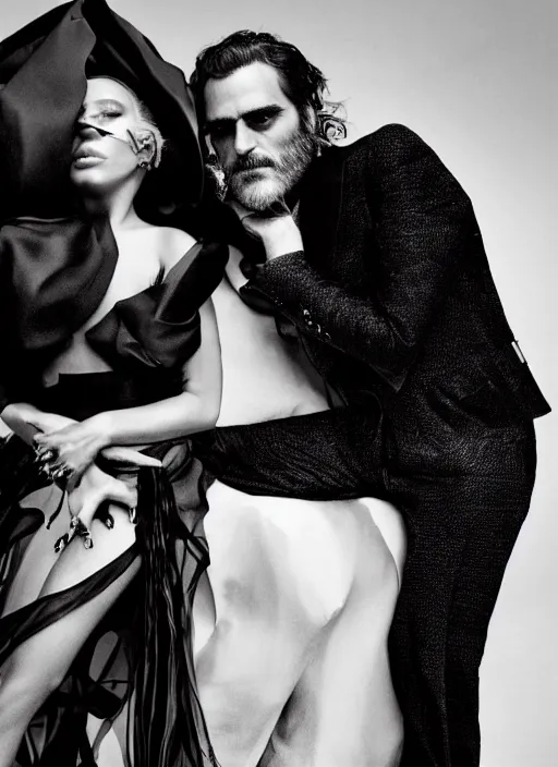 Image similar to lady gaga and joaquin phoenix styled by nick knight posing, full body shot, set pieces, intricate set, vogue magazine, canon, highly realistic. high resolution. highly detailed. dramatic. 8 k. 4 k.