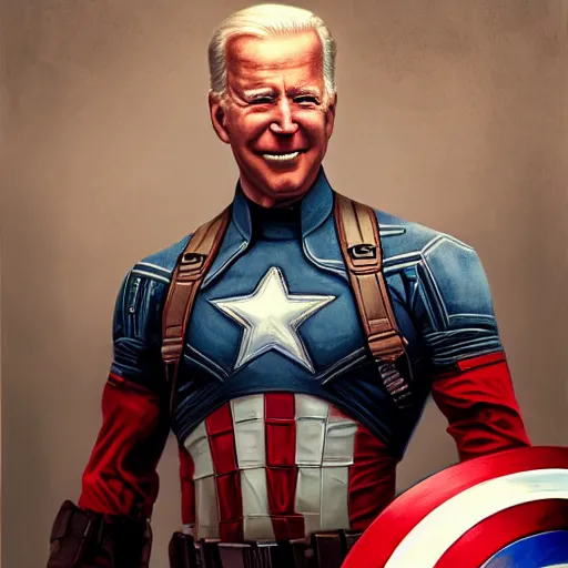 Image similar to hyperrealistic fbody concept art of Joe Biden as Captain America, oil on canvas, in the style of J.C. Leyendecker, Ross Tran and WLOP, 4k, smooth, sharp focus, extremelydetailed