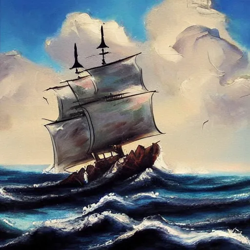 Prompt: “pirate ship crashing through clouds. Oil painting.”