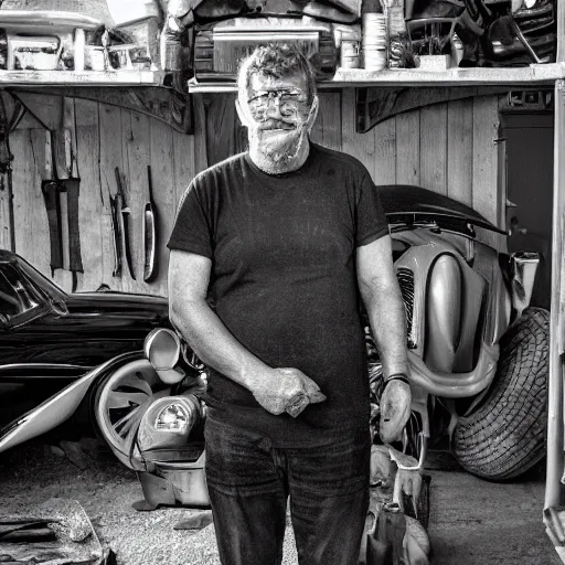 Prompt: mollusk man, posing in his garage, detailed photo