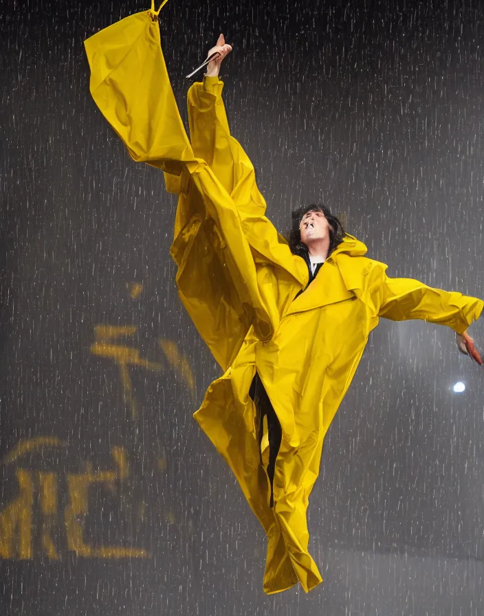 Prompt: yellow zara raincoat flying hanging mid - air on a rainy wet stage designed by james terrell