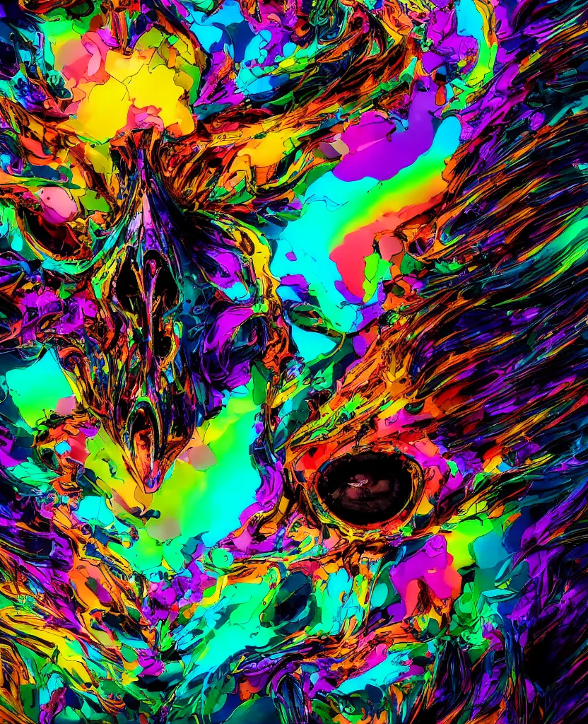 Image similar to colorful melting raven skull. ferrofluids, intricate abstract. intricate artwork. by Tooth Wu, wlop, beeple, dan mumford. octane render, trending on artstation, greg rutkowski very coherent symmetrical artwork. cinematic, hyper realism, high detail, octane render, 8k, depth of field, bokeh. iridescent accents