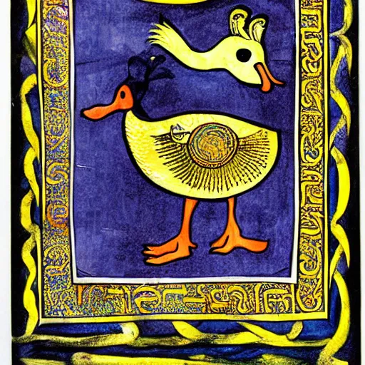 Prompt: book of kells, illustration of a duck, dye on calfskin vellum