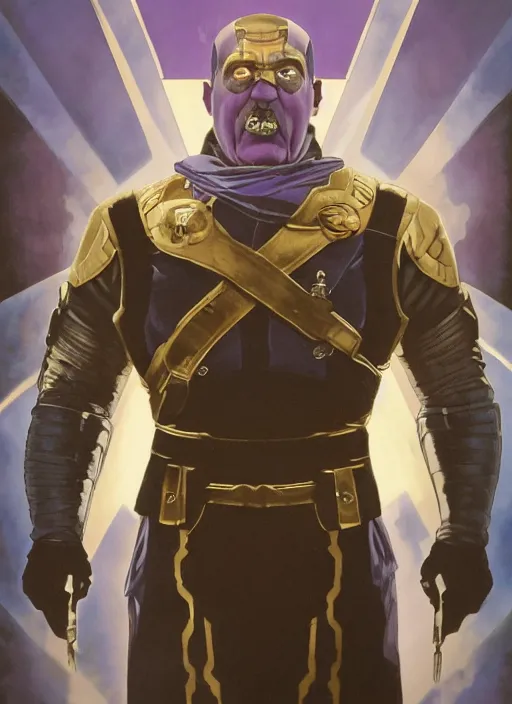 Image similar to a still of Hitler dressing up as Thanos in Avengers Endgame, purple Hitler face, coherent symmetry, realistic, sigma male, accurately portrayed, portrait art by alphonse mucha and greg rutkowski, highly detailed, digital painting, concept art, illustration, dim lighting with twilight rays of sunlight, trending on artstation, very detailed, smooth, sharp focus, octane render, close up