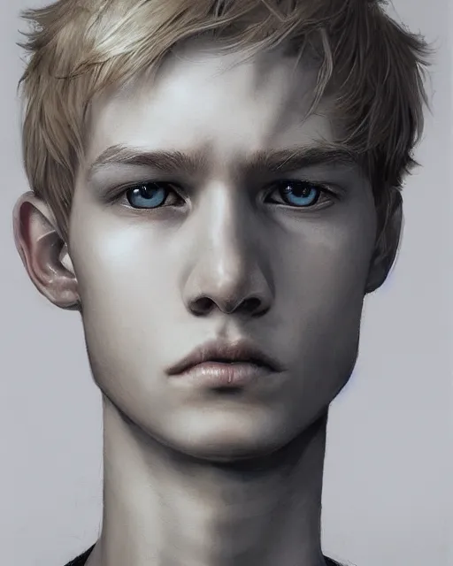 Image similar to portrait of 1 5 - year - old boy, with slender, white - blond hair, cold grey eyes, a pale complexion with sharp and pointed features, hyper realistic face, beautiful eyes, fantasy art, in the style of greg rutkowski, intricate, hyper detailed, smooth