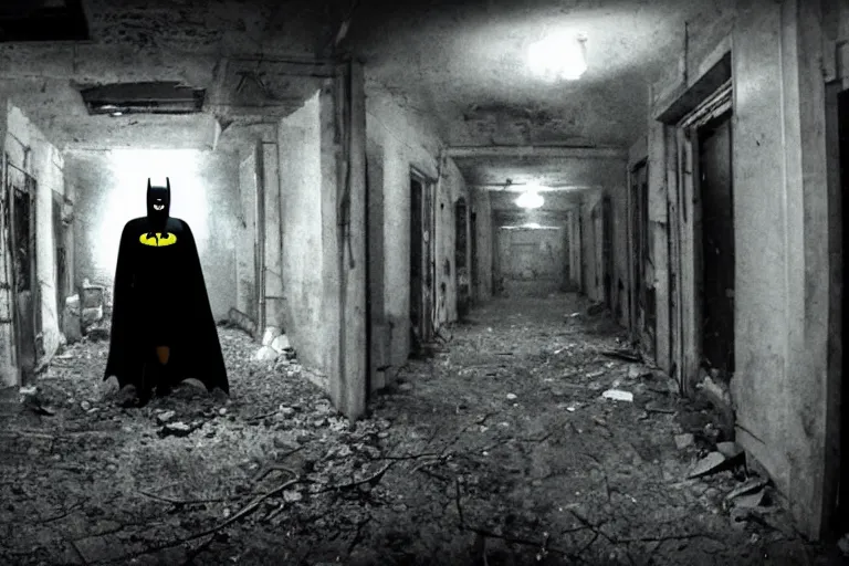 Prompt: batman wielding axe, chasing through old decrepit hallway, creepy smile, atmospheric eerie lighting, dim lighting, bodycam footage, photograph