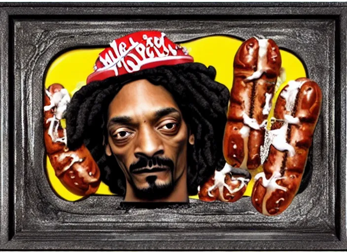 Prompt: snoop dogg inside made of hot dog, lowbrow, matte painting, 3 - d highly detailed, in the style of mark ryden,