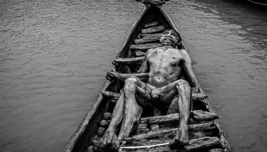 Prompt: a man in a barque made of flesh on a blood river, leica sl 2, heavy grain, high quality, high detail, color