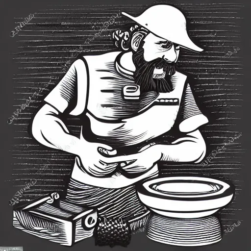 Prompt: bearded man turns bowl using woodlathe, lathe, machinery, vector art