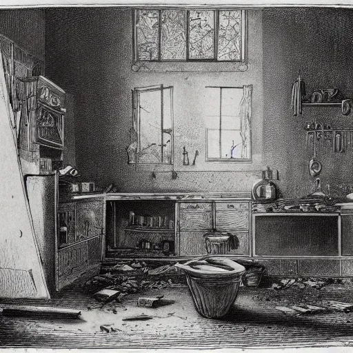 Prompt: kitchen of an abandonded house, illustration by Gustav Doré, Chiaroscuro