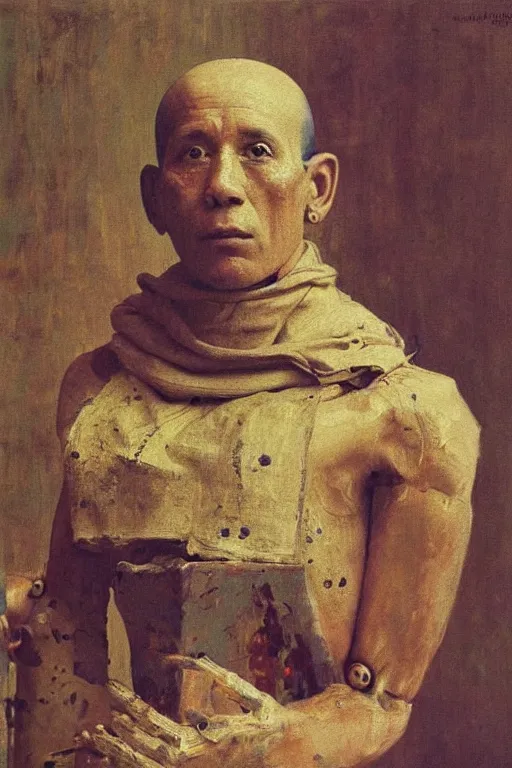 Image similar to robot monk painting a self - portrait on a canvas. intricate, highly detailed, photorealistic, film still, by ilya repin.