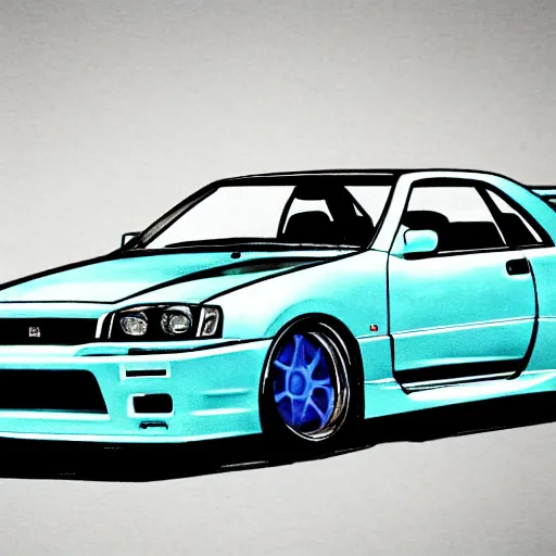 Image similar to artistic illustration of a bayside blue nissan skyline r 3 4 z tune