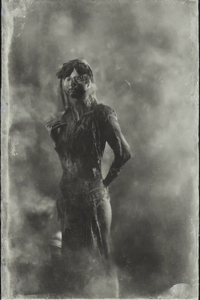 Prompt: wet plate, portrait of scarves dancer in a victorian era boiler room, coal dust, 1 8 8 0 photograph