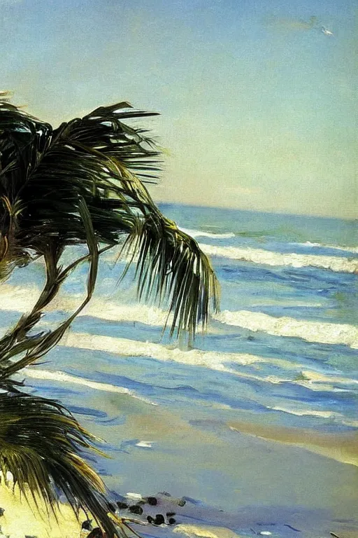 Image similar to the sun shining in the background, beach, spray of roses on the sea surface, a palm, painting by john singer sargent