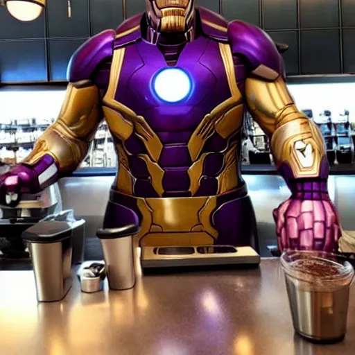 Prompt: thanos as a starbucks barista, serving iron man