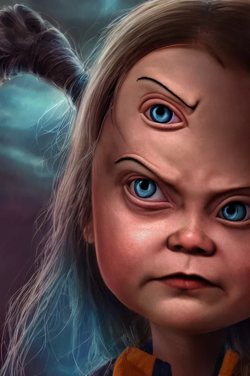 Image similar to greta thunberg as chucky, vivid colors, high details, cinematic, 8k resolution, beautiful detailed, photorealistic, digital painting, artstation, concept art, smooth, sharp focus, illustration, fantasy background, artstation trending, octane render, unreal engine