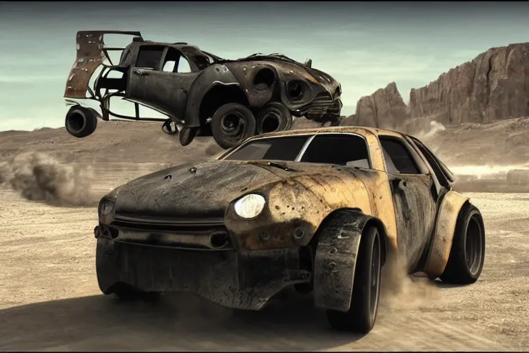 Prompt: smart cars driving in Mad Max Road Warrior, rusted, cobbled together smart car R34 GTR, screenshot, cinematic Eastman 5384 film