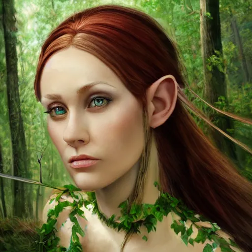 Prompt: a realistic portrait of a realistic female elf with a long withe and light green dress holding a scepter walking in the woods , perfect and hyperrealistic face, wild face , detailed trees by WLOP