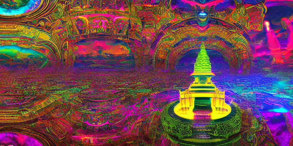 Image similar to temple of the supreme artificial intelligence on an earth like psychedelic planet, beautiful ultra detailed colorful digital art