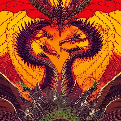 Image similar to A beautiful detailed vivid color colorful comic illustration of King Ghidorah, by Dan Mumford, trending on artstation