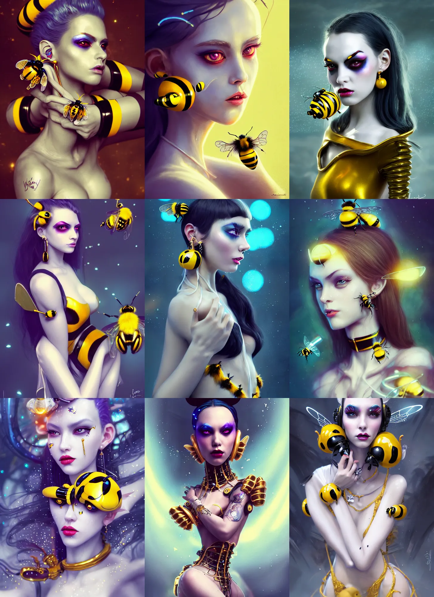 Prompt: disney 8 k photo, beautiful shiny white porcelain rich grand pearlescent emo bumblebee edc devilgirl clowncore cyborg college woman, giant earrings, golden ratio, sci fi, fantasy, cyberpunk, intricate, decadent, highly detailed, digital painting, octane render, artstation, concept art, smooth, sharp focus, illustration, art by loish, wlop