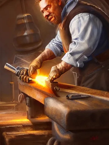 Image similar to a blacksmith striking a hammer, forging in its anvil. charismatic, bold. intricate, elegant, highly detailed, digital painting, artstation, cinematic shot, concept art, sharp focus, illustration, by justin gerard and artgerm 8 k