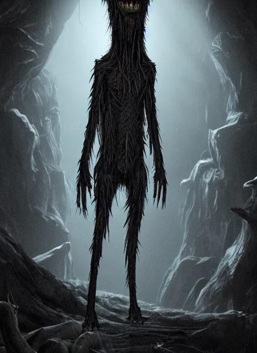 Prompt: tall bipedal creature in the darkness, long claws, large long pointy teeth, drooling, hunched over, dark cavern, no hair, dark skin, no light, highly intricate, detailed, 8 k