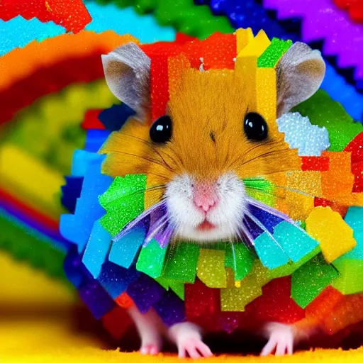 Image similar to hamster made out of large blocky rainbow gems, 8 k hd