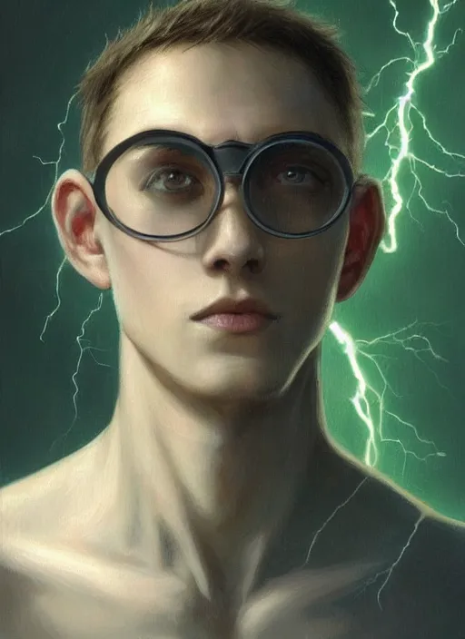 Prompt: 1 7 - year - old boy thin face, black hair, green eyes, round glasses, scar on forehead as a bolt of lightning close up, d & d, fantasy, intricate, elegant, highly detailed, digital painting, artstation, concept art, matte, sharp focus, art by artgerm and greg rutkowski and alphonse mucha